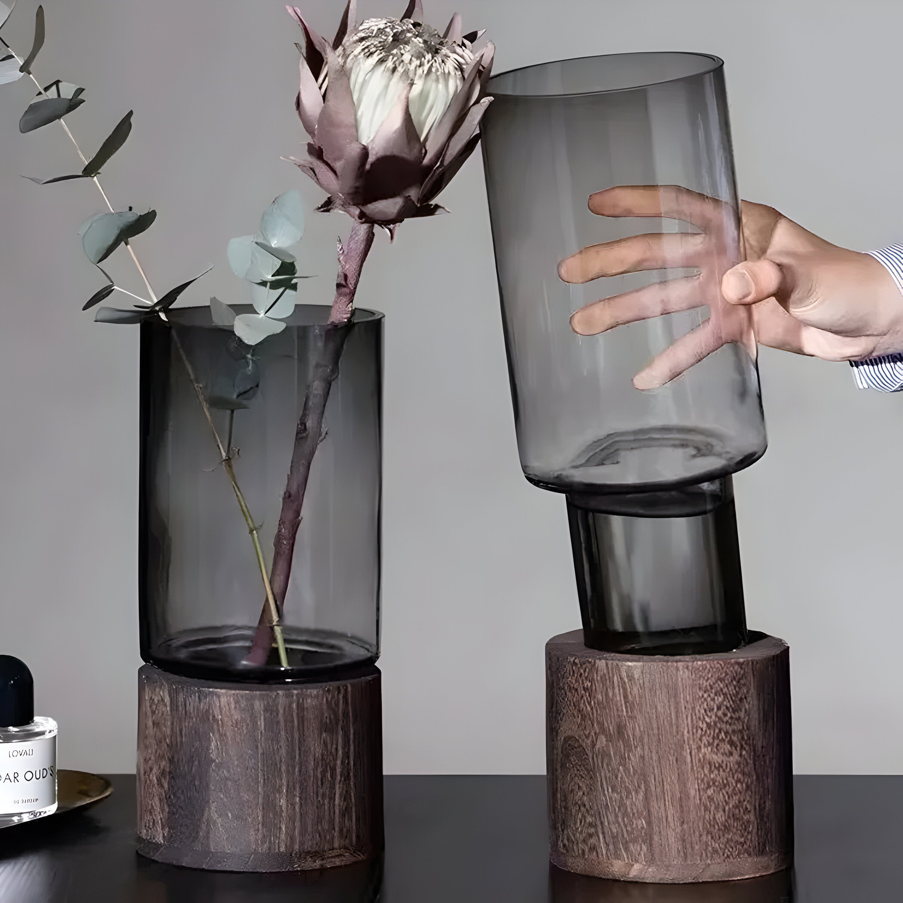 TranquilBloom Vase – Europäische Hydroponik Holz- und Glasvase