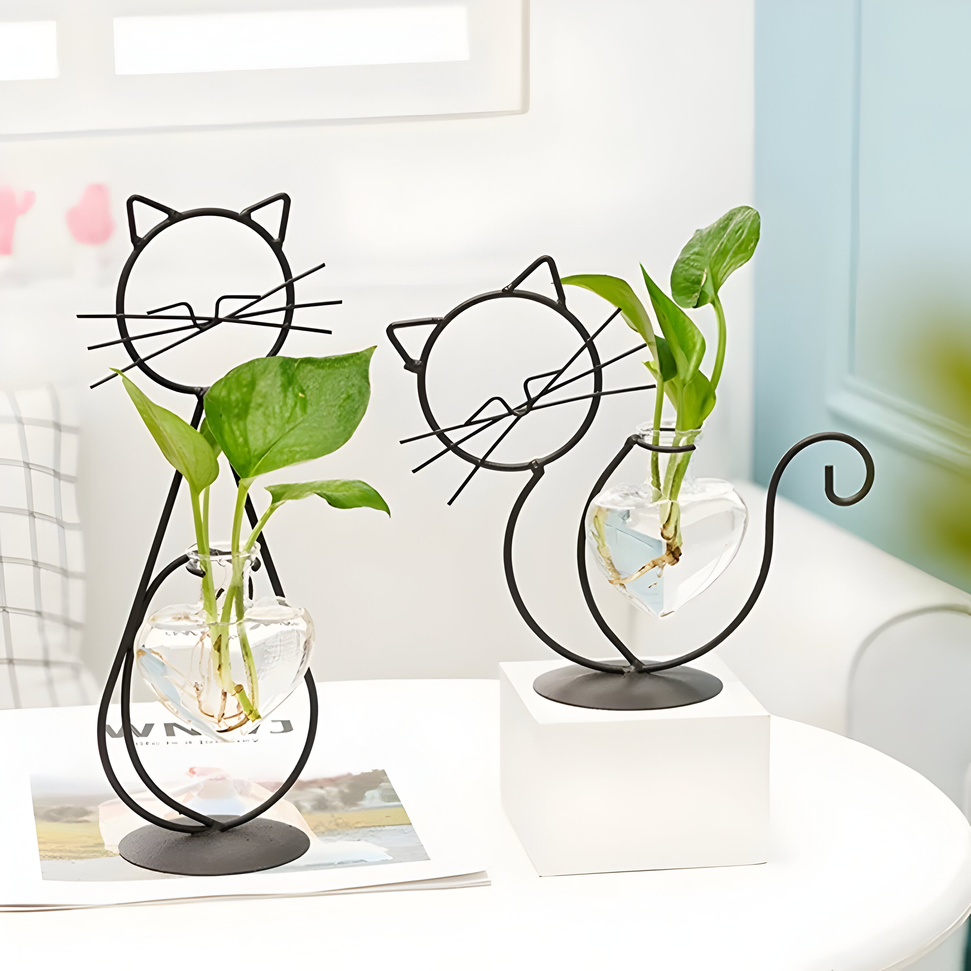 AquaPurr Vase - Hydroponische Glas-Herz-Vase mit Katzenförmigem Halter