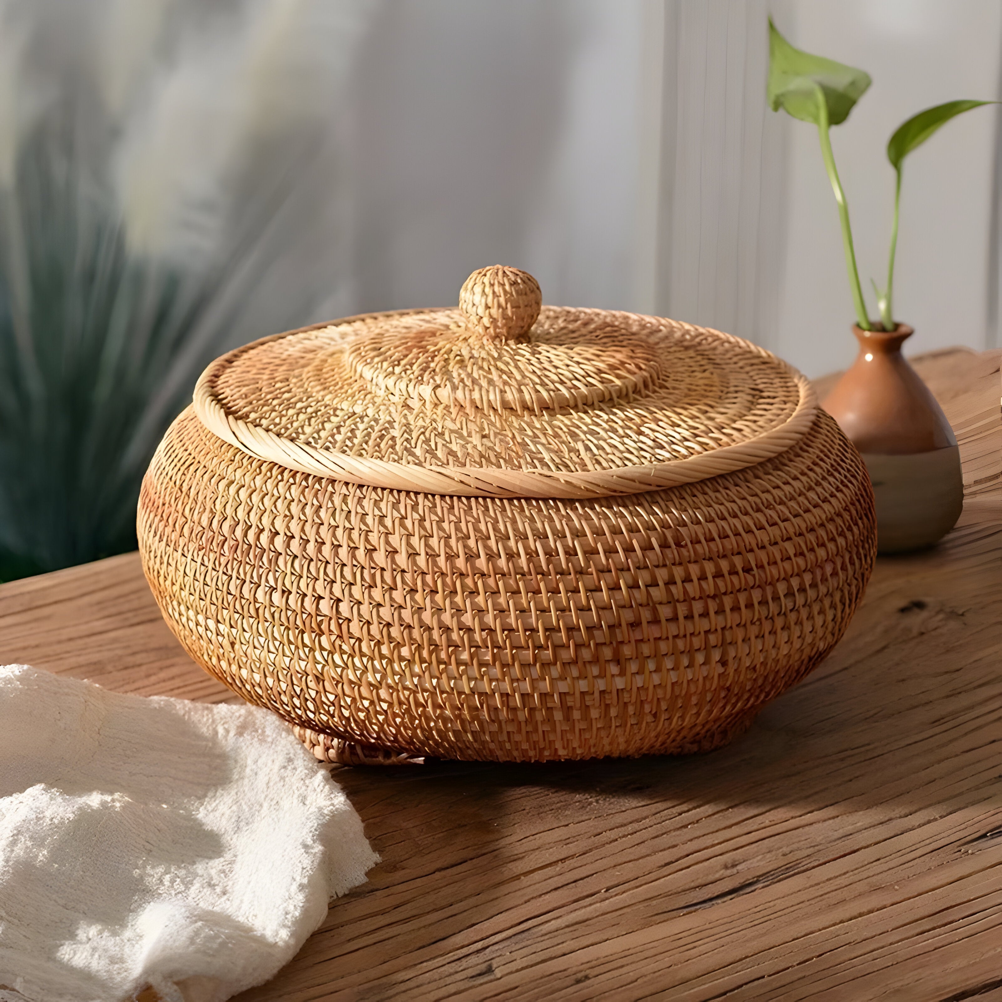 RusticBreeze Basket - Handgefertigte Rattan Aufbewahrungsbox mit Deckel