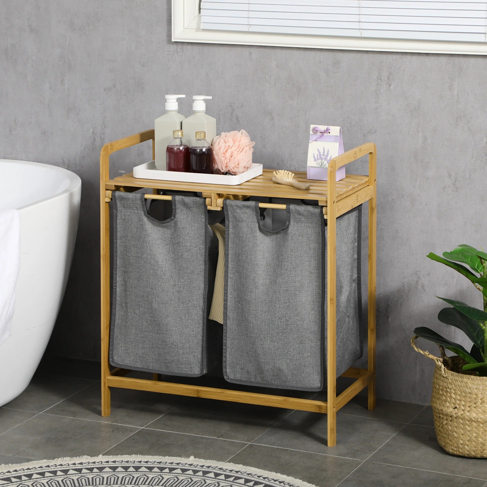 EcoSort-Korb – 2 herausnehmbare Taschen Bambus-Wäschekorb