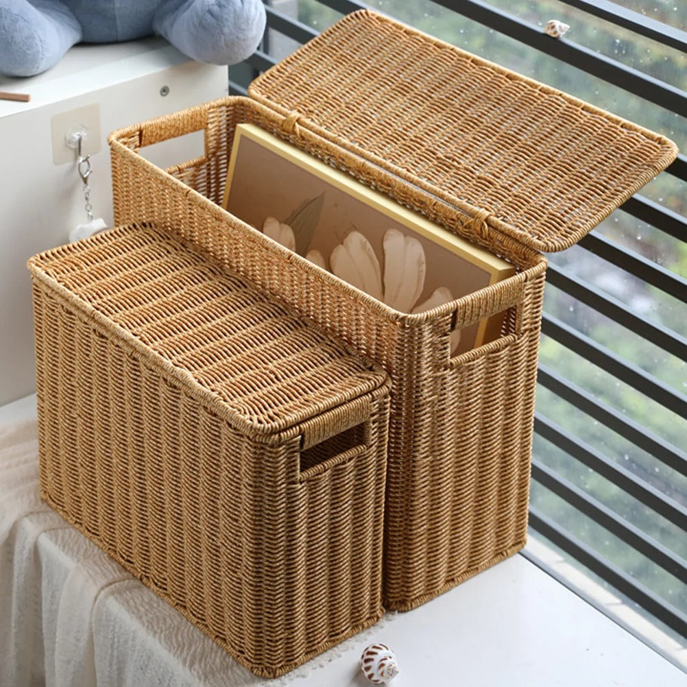 VintageWeave Basket - Rechteckiger Rattankorb mit Deckel