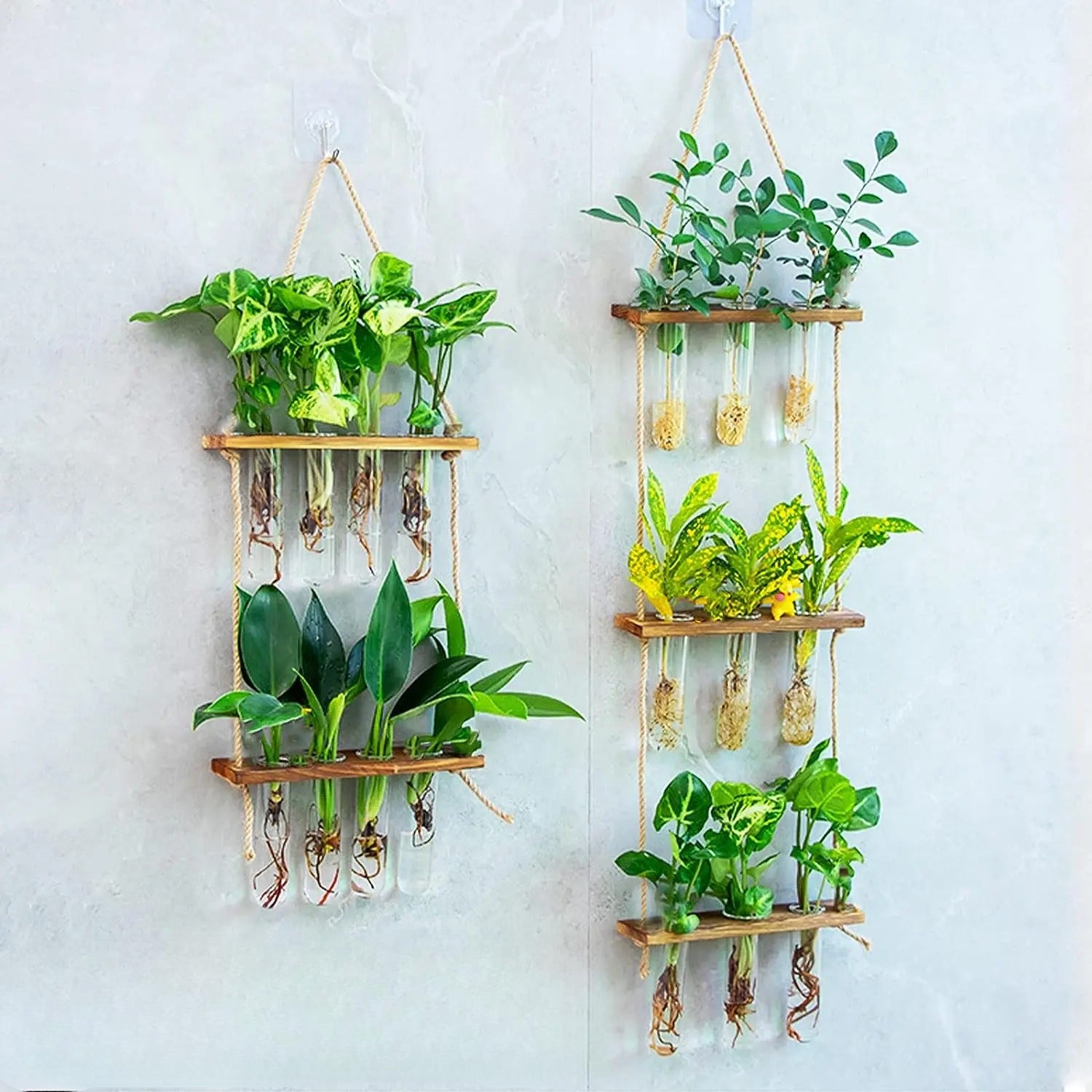 VerdantFlow Vase - 2 Etagen Hängende Reagenzglas-Pflanzgefäße aus Holz