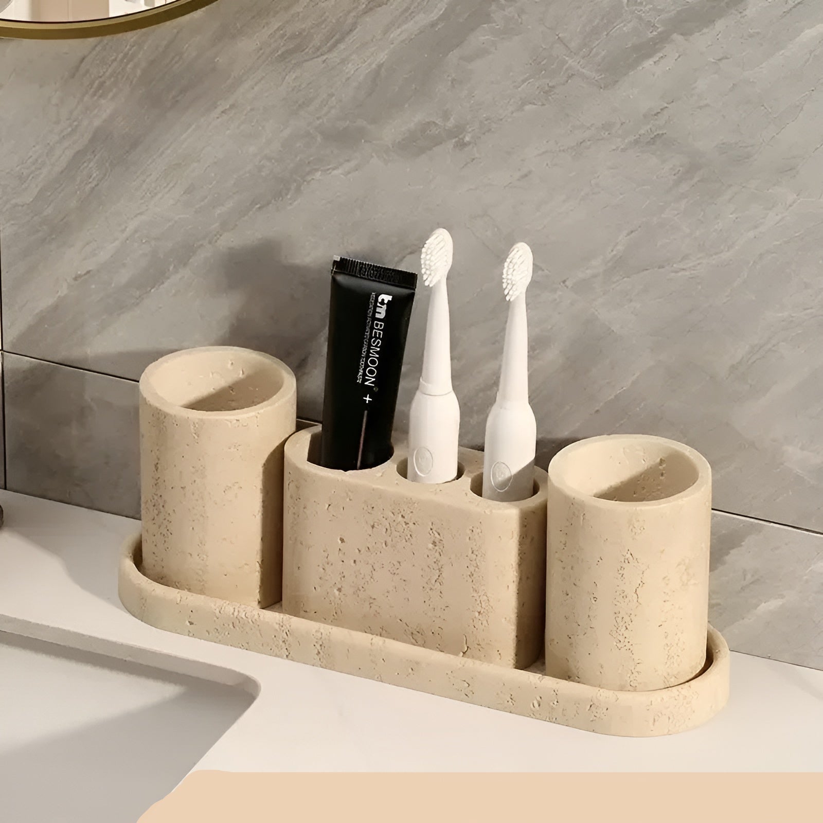 Zahnbürstenhalter aus Naturstein – mit Seifenspender und Ablage | Elegante Badaccessoires aus Marmor