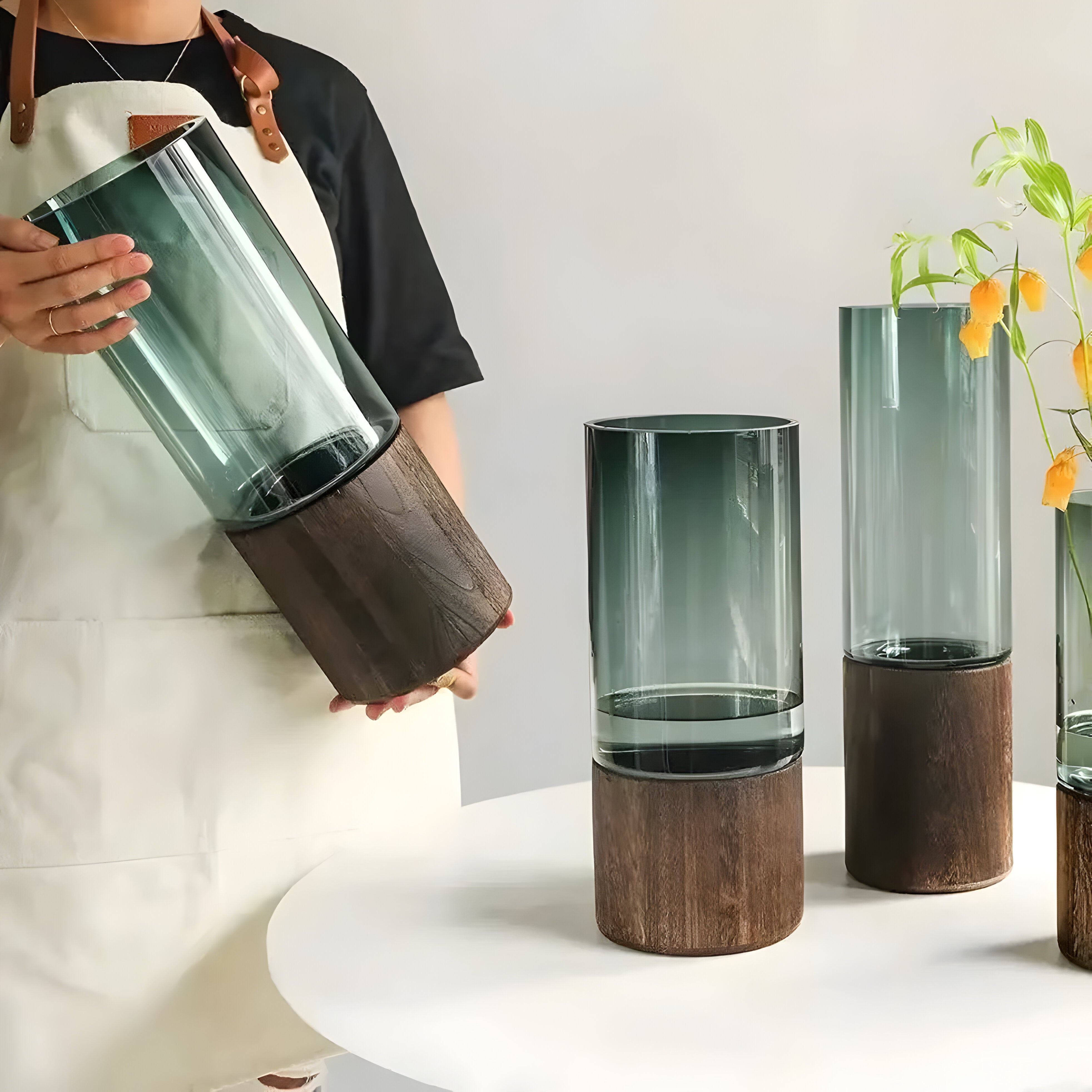 TranquilBloom Vase – Europäische Hydroponik Holz- und Glasvase