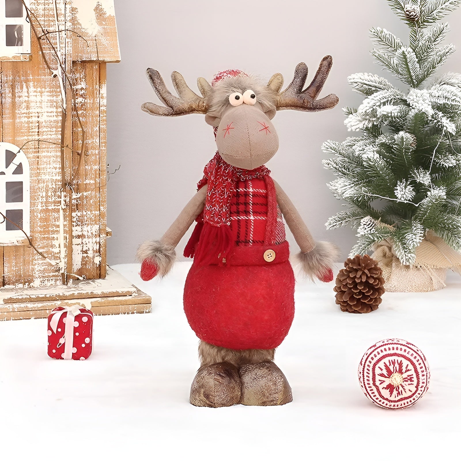 Weihnachtselch Dekofigur – Niedlicher Rentier aus Stoff | Verstellbar zum Stehen oder Sitzen