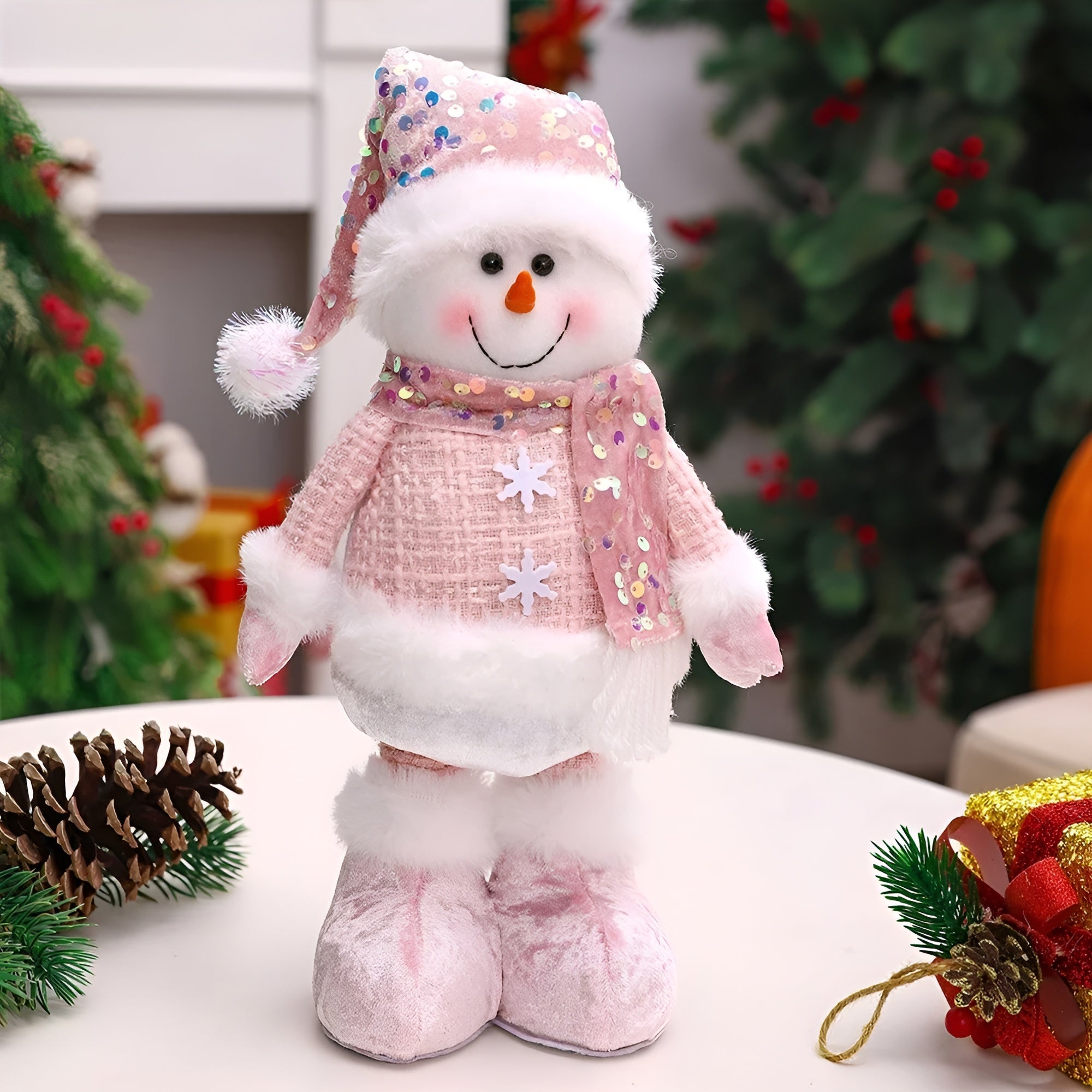 Teleskopischer Weihnachtsmann – Weihnachtsdekorationsfigur, Schneemann und Elch | Funkelnde rosa Pailletten für Fenster und Wohnungen