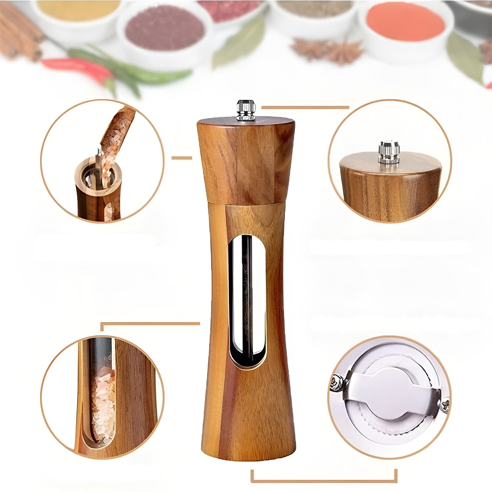 Manuelle Salz- und Pfeffermühlen – Holzdesign mit Acrylfenster | Set mit 2 Mühlen - Salz- & Pfeffermühle