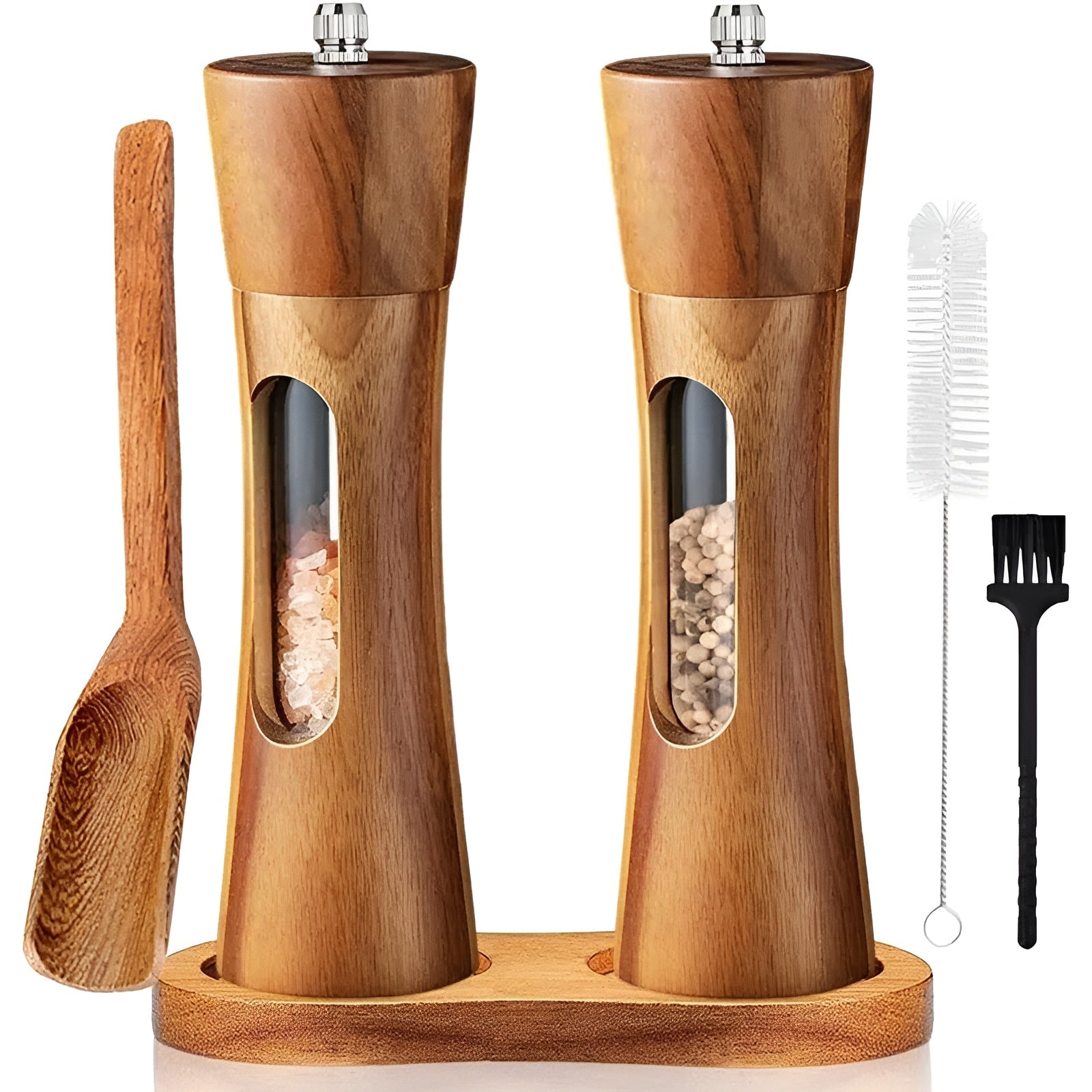 Manuelle Salz- und Pfeffermühlen – Holzdesign mit Acrylfenster | Set mit 2 Mühlen - Salz- & Pfeffermühle