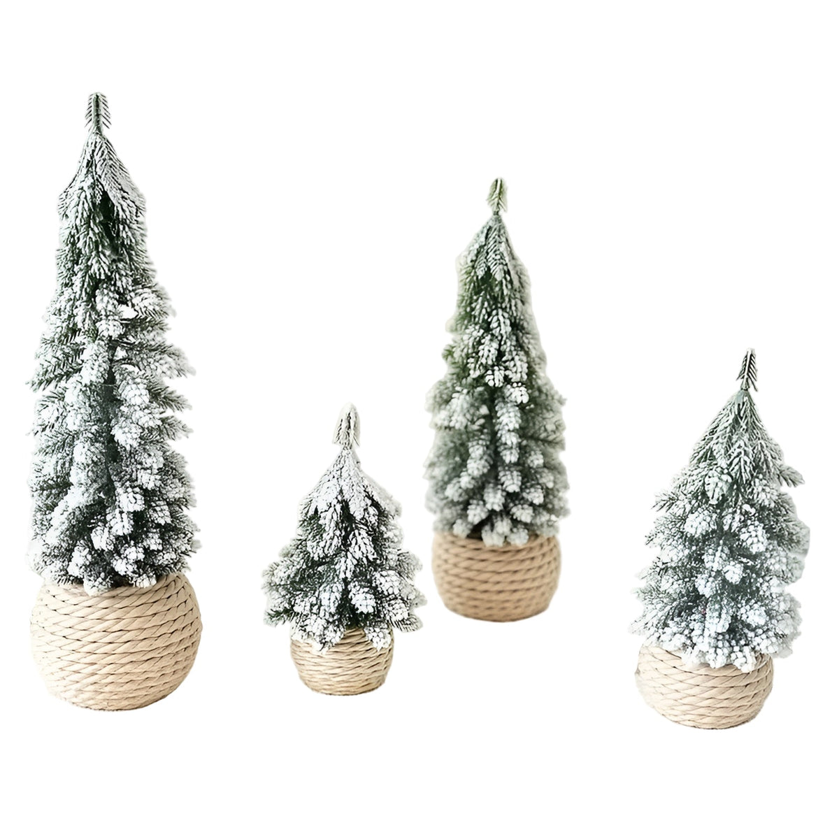 Mini-Weihnachtsbaum 4er-Set – Schneeoptik & Jutesockel | Realistische Tischdeko für Zuhause und Büro - 4er-Set