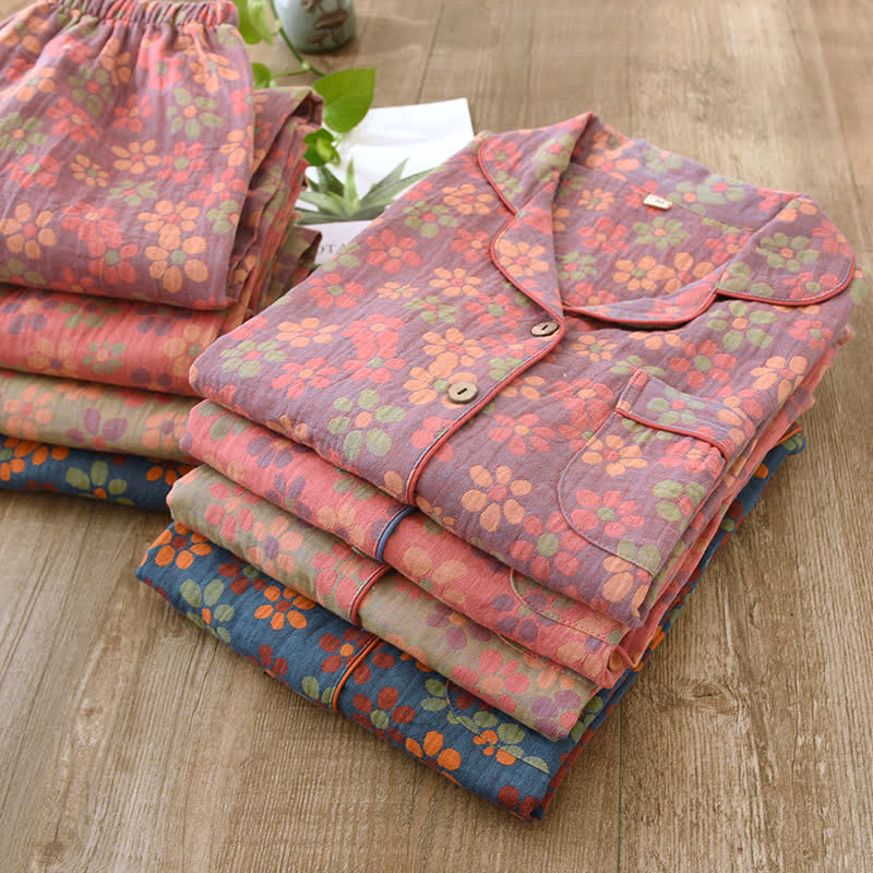 Musselin Schlafanzug Damen – Langarmliges Pyjama-Set aus Baumwolle - Loungewear