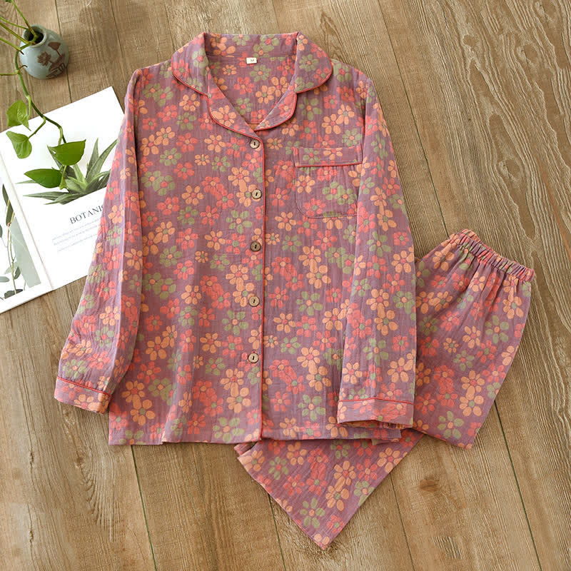 Musselin Schlafanzug Damen – Langarmliges Pyjama-Set aus Baumwolle - Loungewear