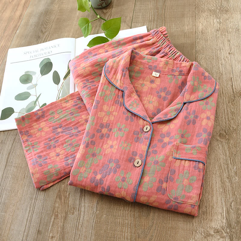 Musselin Schlafanzug Damen – Langarmliges Pyjama-Set aus Baumwolle - Pink / M - Loungewear