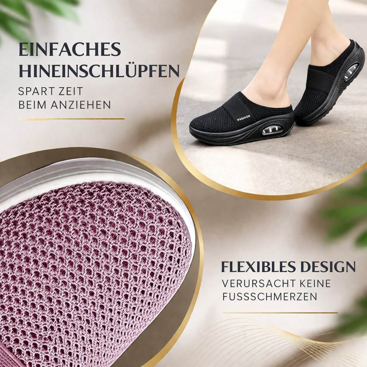 Orthopädische Hausschuhe beim Tragen auf Parkett