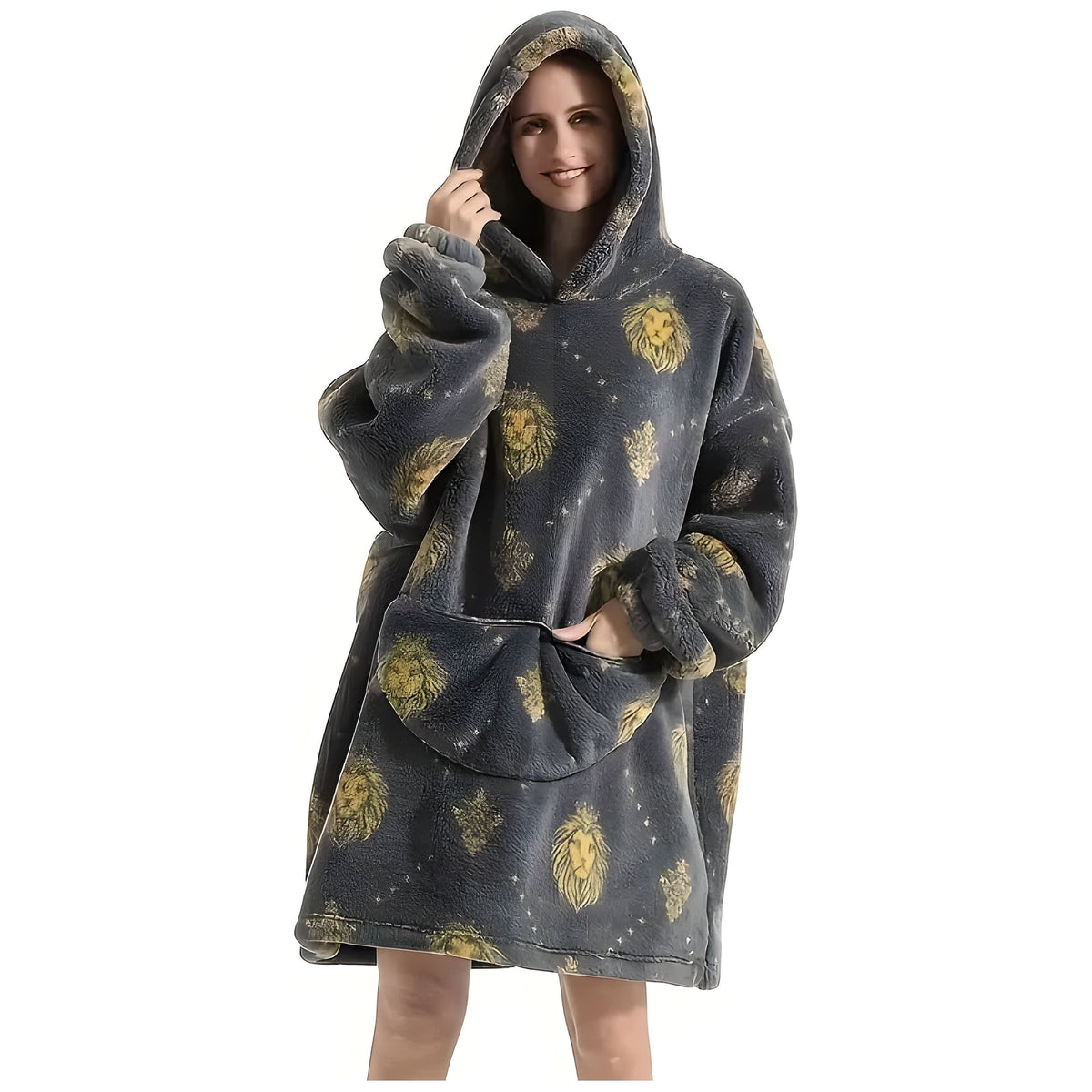 Patrina Kapuzen-Decke- Lässige Fleece-Wende-Decke mit Kapuze - Grauer Löwe / Erwachsene Eine Größe passt für alle