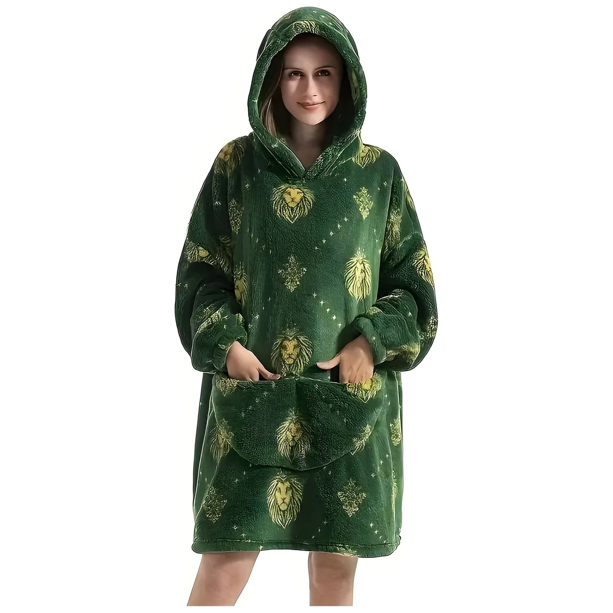 Patrina Kapuzen-Decke- Lässige Fleece-Wende-Decke mit Kapuze - Grüner Löwe / Erwachsene Eine Größe passt für alle