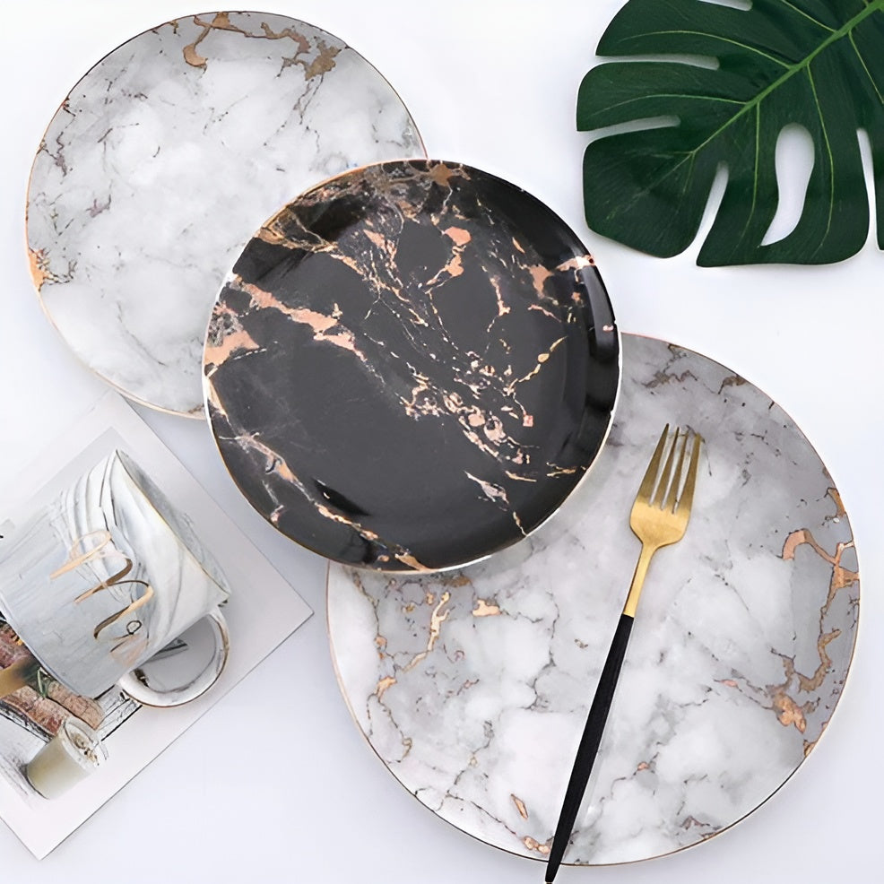 Porzellanteller in Marmoroptik – Eleganter Goldrand | Dekorativ und Perfekt für Stilvolles Servieren - Wohnzubehör