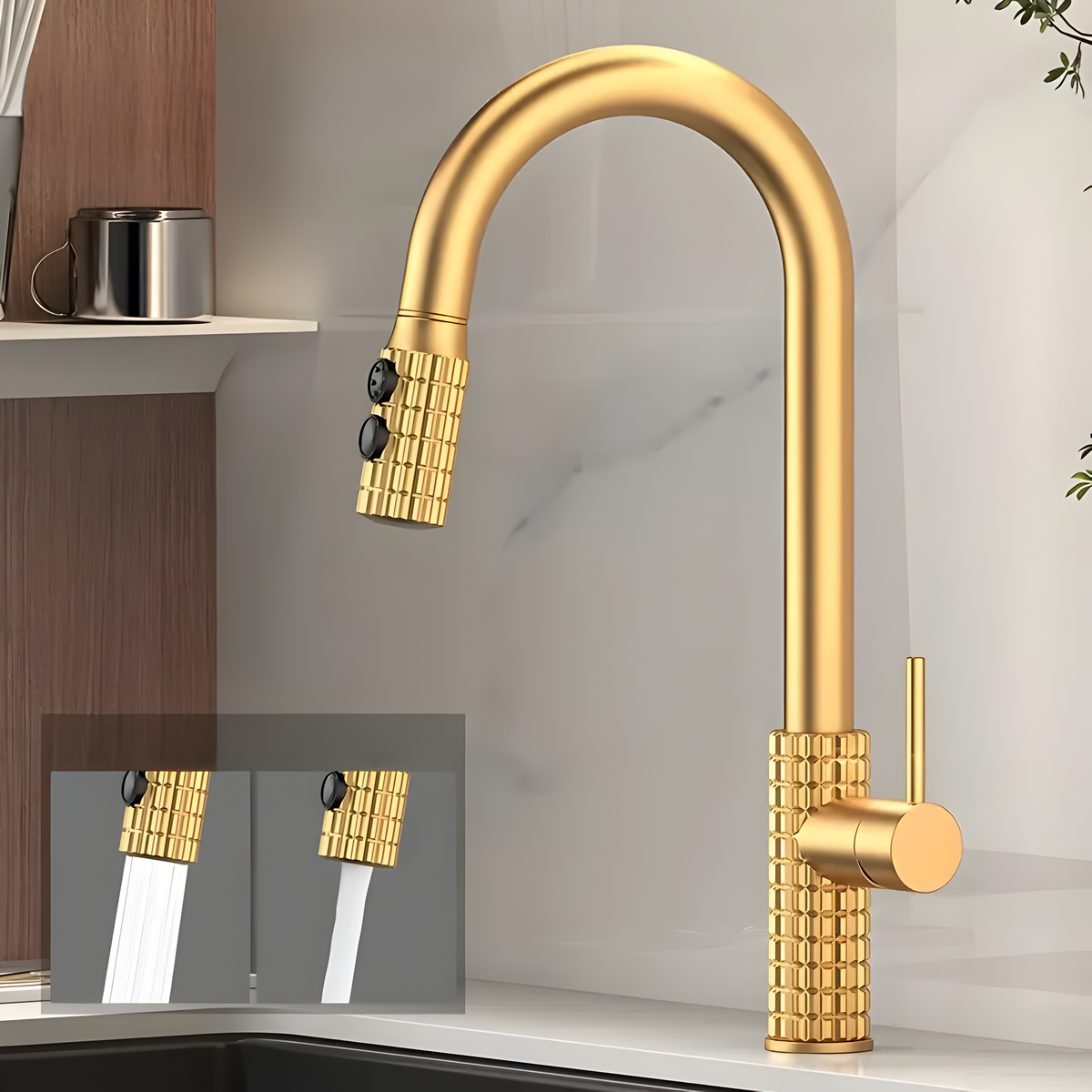 QuintaFlow - Hoher Bogen Metall Küchenarmatur - Gold - Wasserhahnarmatur