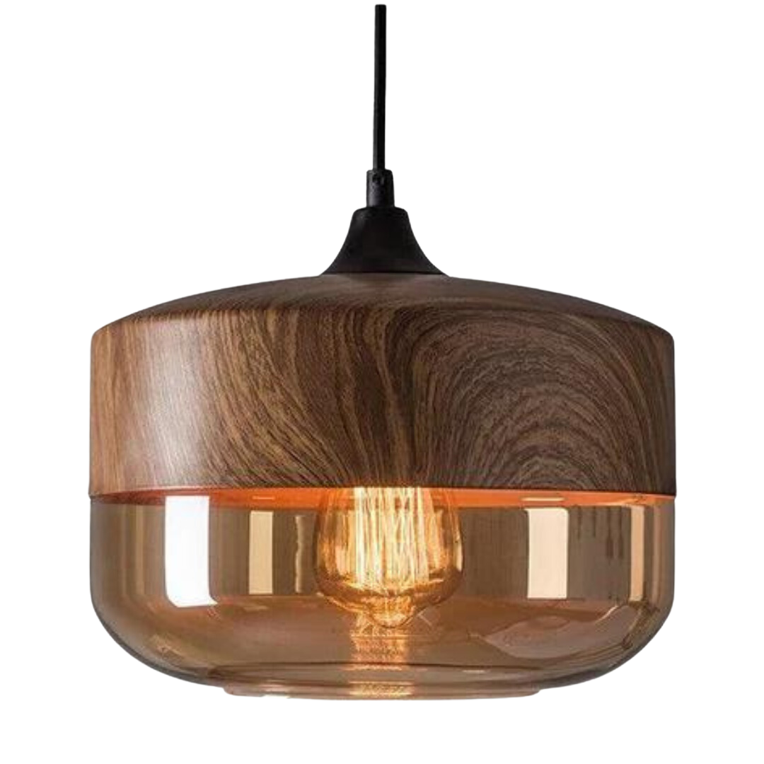 Skandinavische Pendelleuchte – Glas & Holzoptik zeitlos und stimmungsvoll - Typ D - Pendelleuchte
