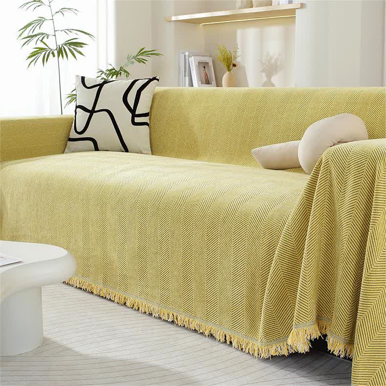 Sofabezug aus Chenille mit Fischgrätmuster und Quasten - Sofaüberwurf