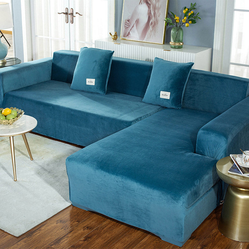 Sofabezug Stretch in Velourlook – einfarbig und elastisch - Meerblau / 1-Sitzer 35’’ - 55’’ (90 cm - 140 cm) - Sofabezug