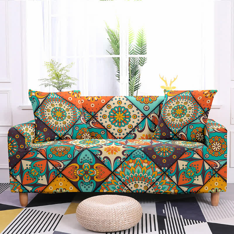 Sofabezug Stretch mit Retromuster – universell passend für die meisten Sofas - Farbe 1 / 1-Sitzer 35’’ - 55’’ (90 cm
