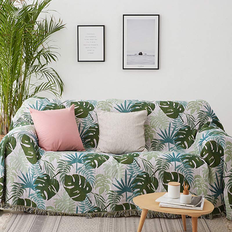 Sofaüberwurf mit Palmenmuster und Fransen – beidseitiges Tagesdecke - Sofaüberwurf