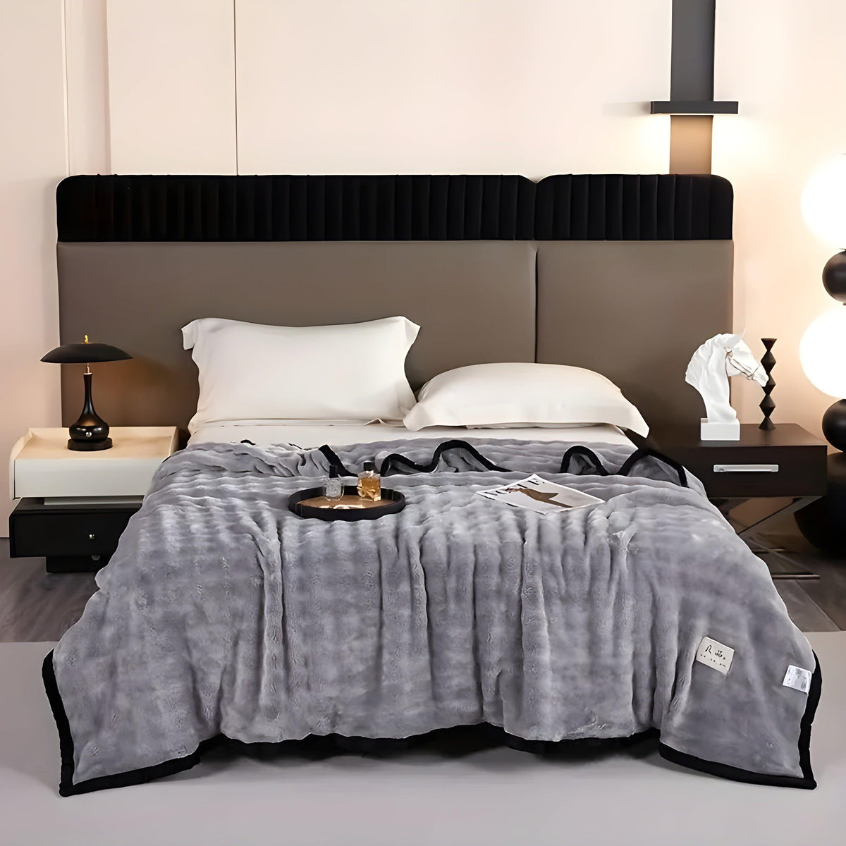 SoftSerenity Bettwäscheset - Luxuriöse aux Kaninchenfell-Plüsch-Decke - Stern Grau / 100 x 150 cm - Bettwäsche-Set