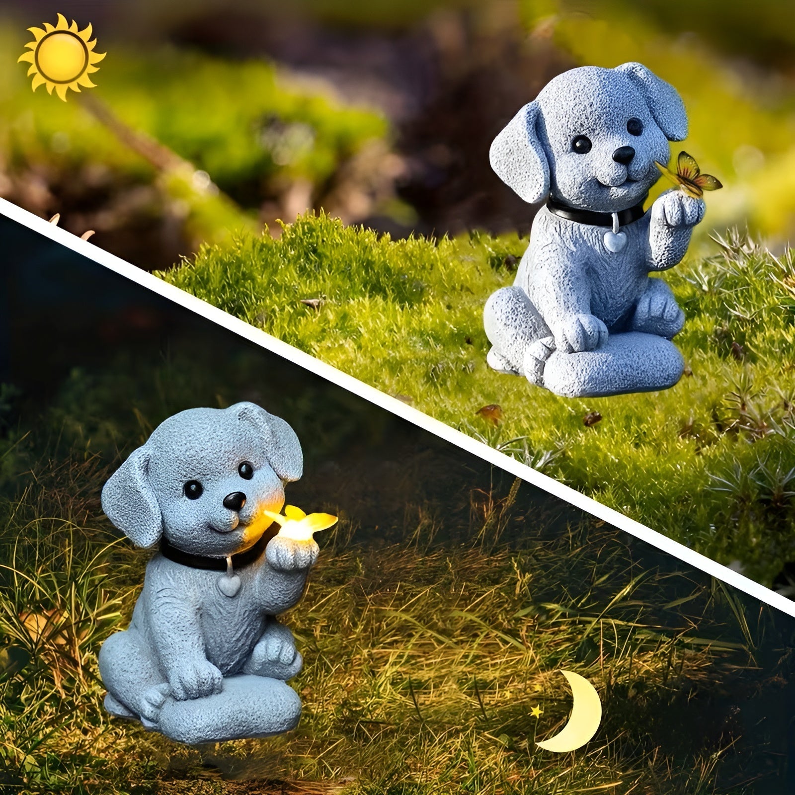 Solar-Gartenfigur Hund mit Schmetterling – Dekorative Gartenbeleuchtung | Wetterfest für Garten Terrasse und Balkon