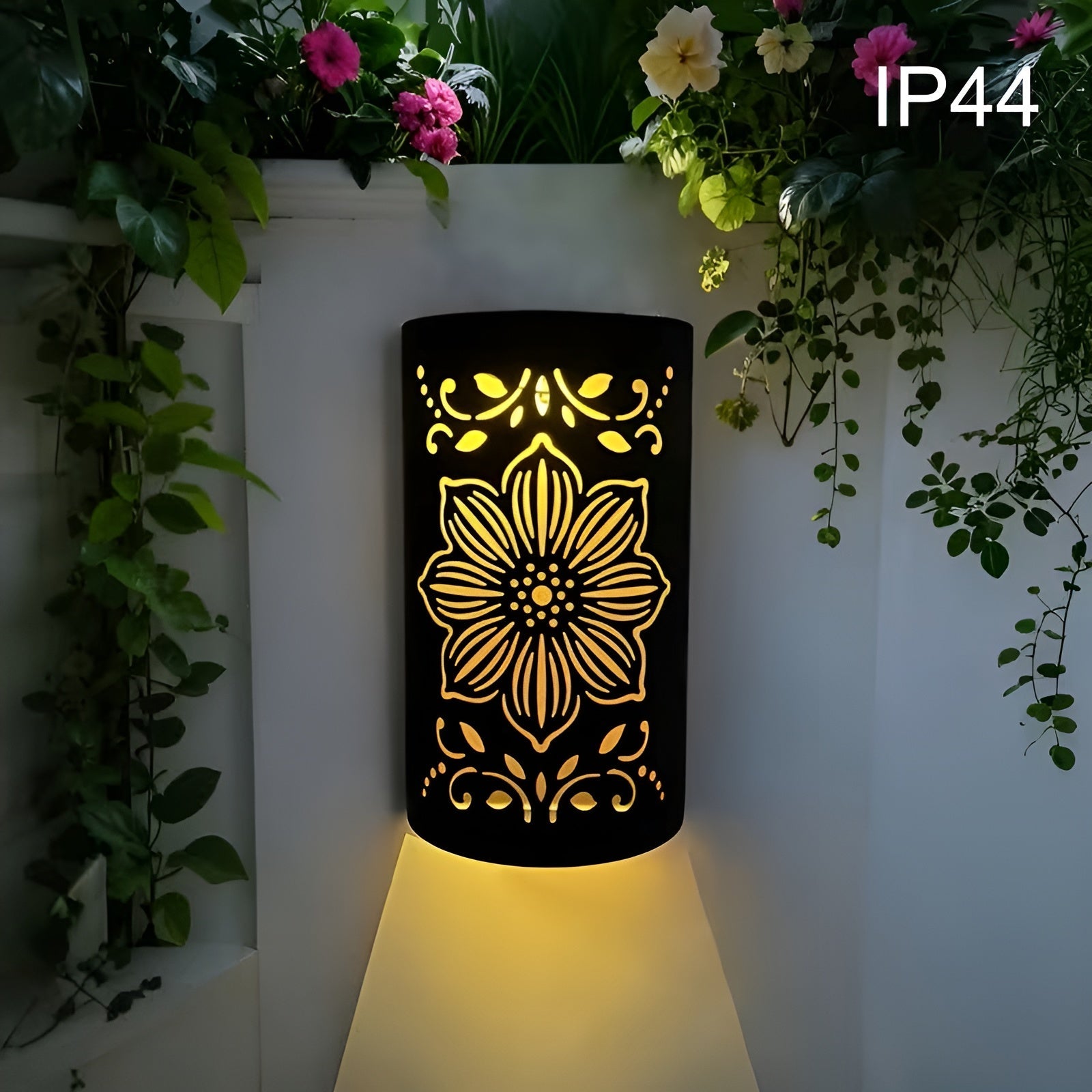Solar-Wandleuchte mit Blumenmotiv – Dekorative Außenbeleuchtung in Schwarz | Wetterfest für Garten und Terrasse