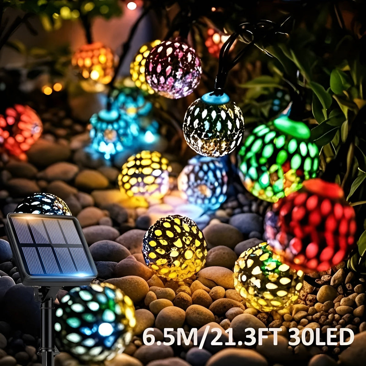 Solarkugelleuchten im marokkanischen Stil – Bunte LED-Lichterkette für Garten & Balkon - 6.5M/21.3FT 30LED