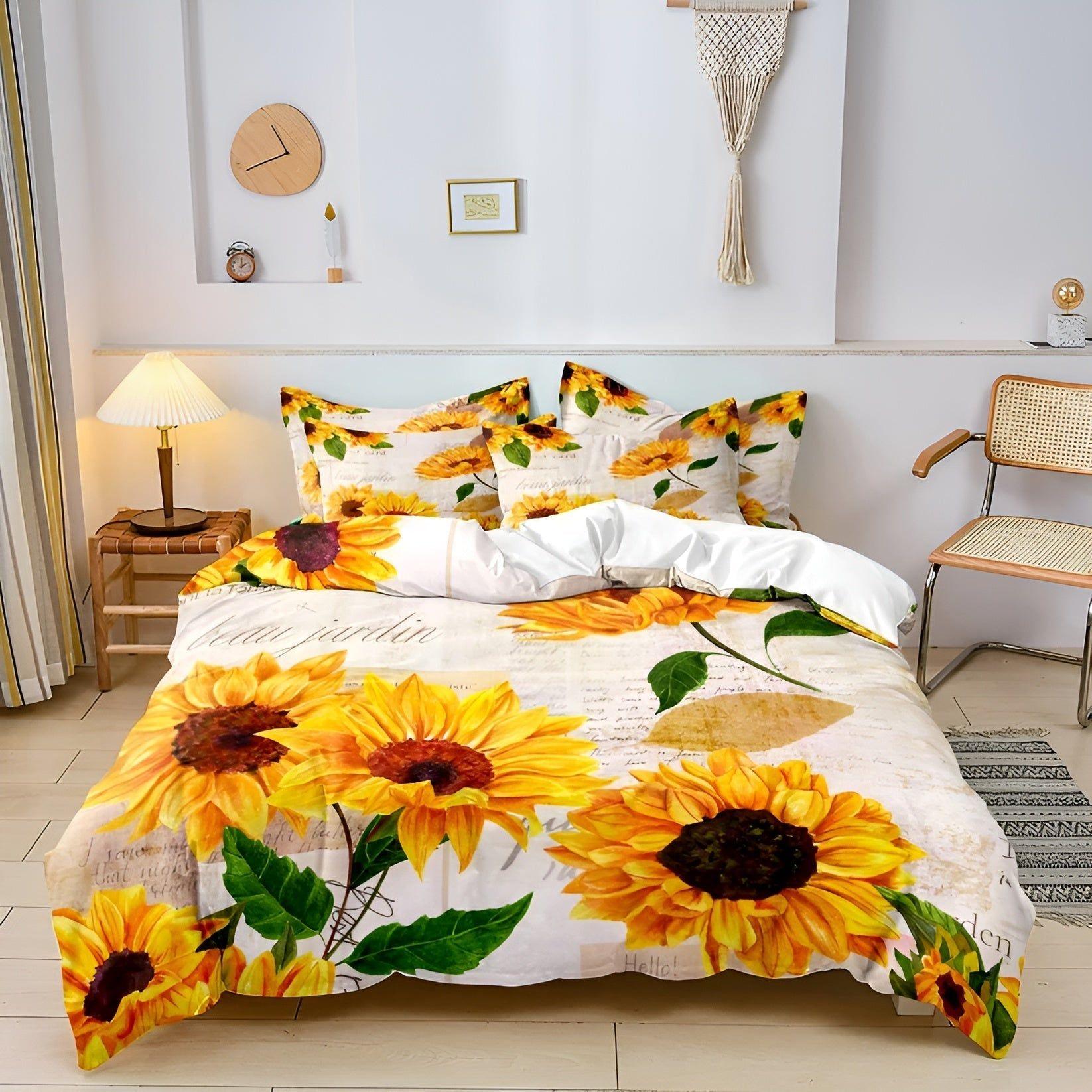 SunflowerBliss Bettwäsche Set - Gedrucktes Sonnenblumen Bettbezug Set - Bettwäsche-Set