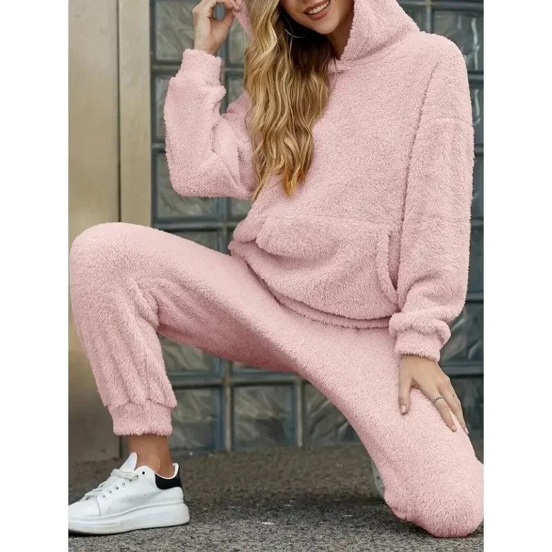 Teddy Fleece Hoodie und Jogginghose Set – Warmes 2-teiliges Outfit - Rosa / XS - Damen Homewear-Set