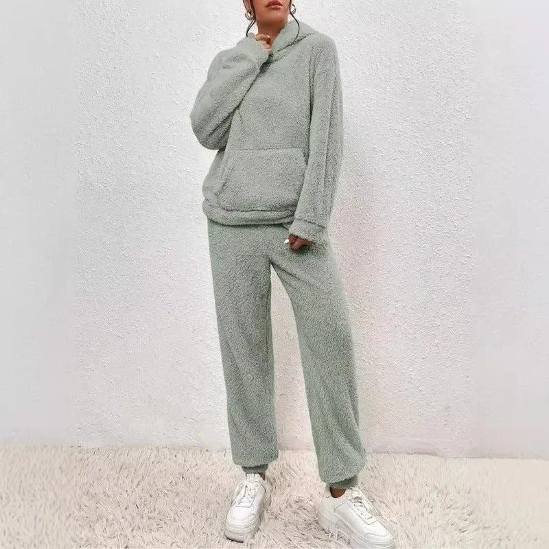 Teddy Fleece Hoodie und Jogginghose Set – Warmes 2-teiliges Outfit - Grau / XS - Damen Homewear-Set