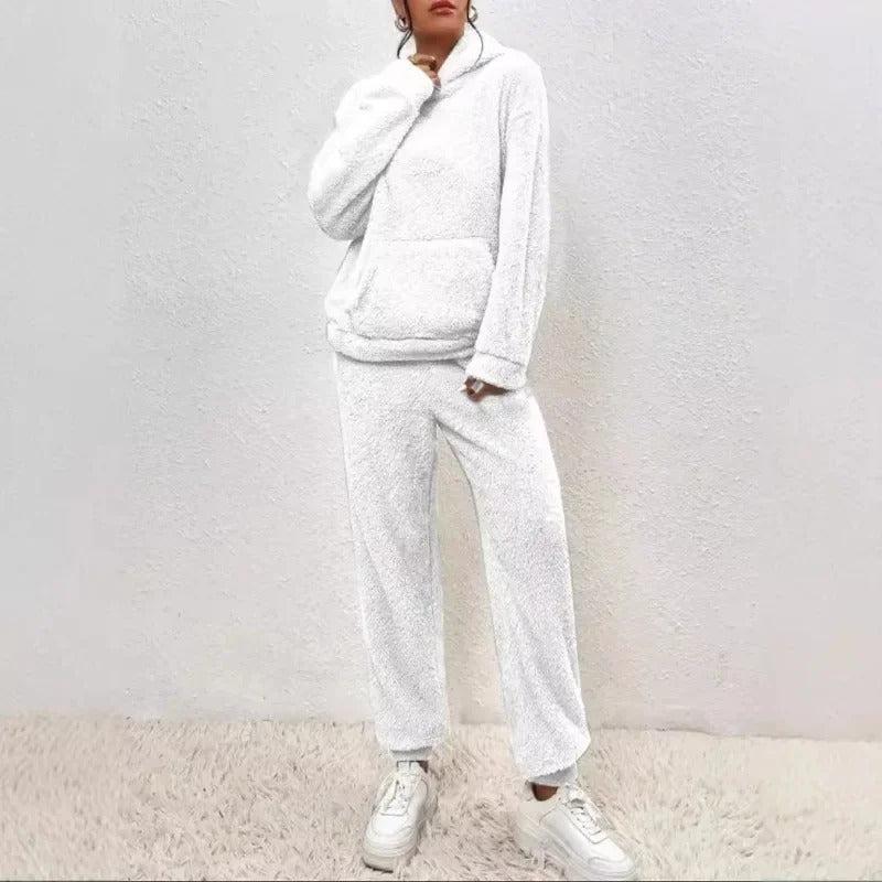 Teddy Fleece Hoodie und Jogginghose Set – Warmes 2-teiliges Outfit - Weiß / XS - Damen Homewear-Set