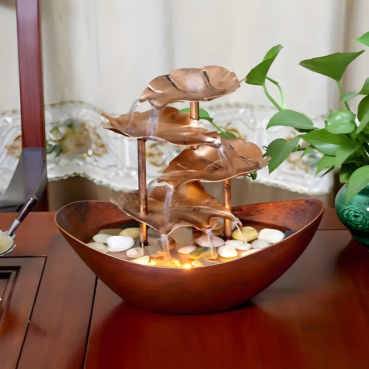 Tischbrunnen mit LED-Licht - Dekorativer Zimmerbrunnen Eisenblatt im Vintage-Stil - Bronze - Wohnzubehör