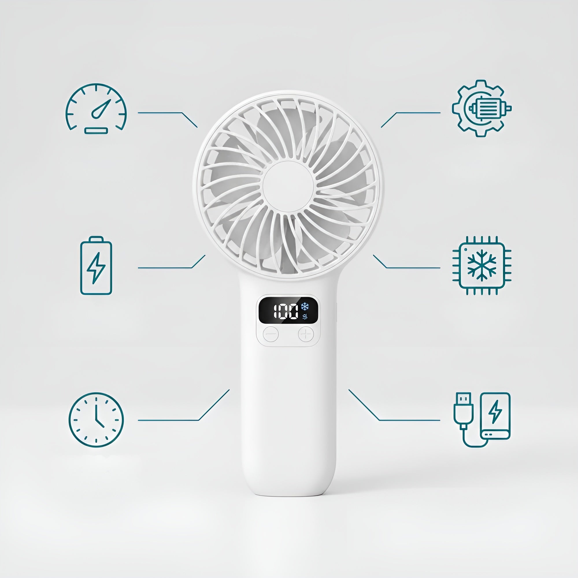 Tragbarer Handventilator – Wiederaufladbarer USB-Ventilator in Weiß für Reisen und den Einsatz im Freien mit 100