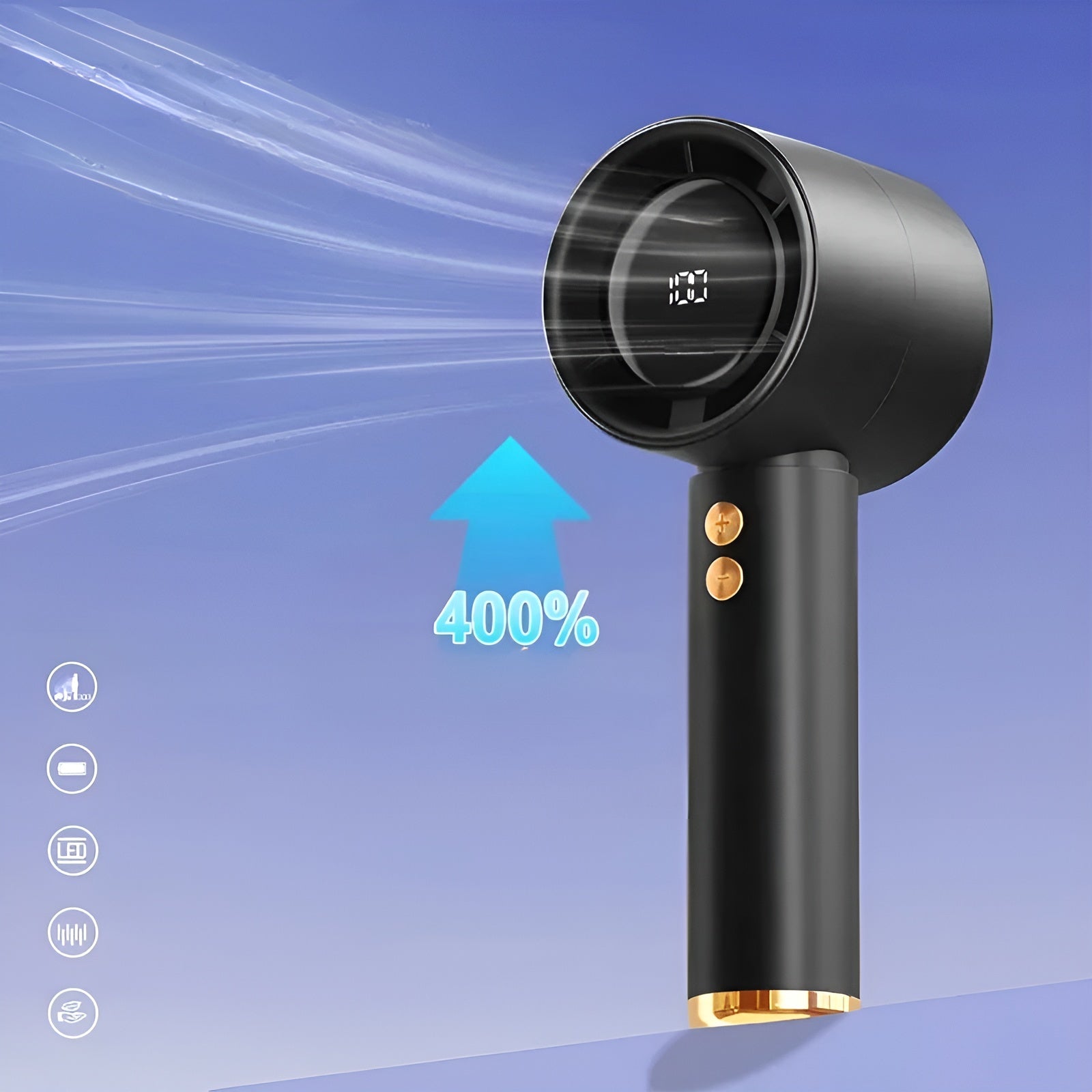 Tragbarer Mini-Turbo-Handventilator – Digitalanzeige USB-C-Aufladung und 100 Geschwindigkeitsstufen - Handventilator