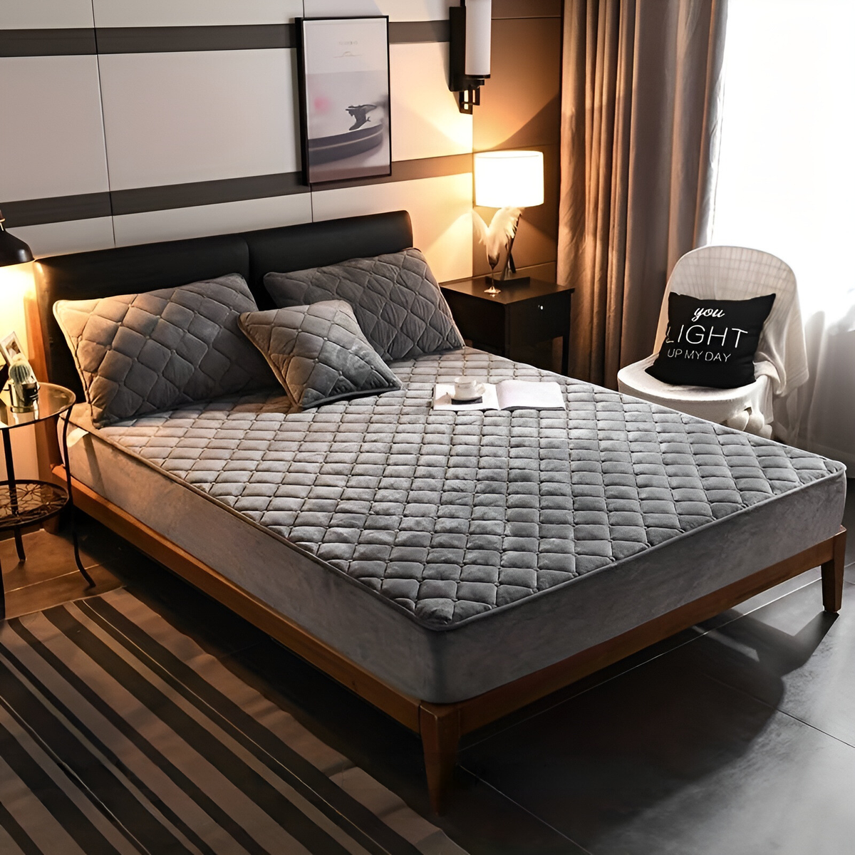 VelvetDreams Set - Atmungsaktives Samt-gestepptes Spannbettlaken-Set {1 Spannbettlaken + 2 Kissenbezüge} - Kissen