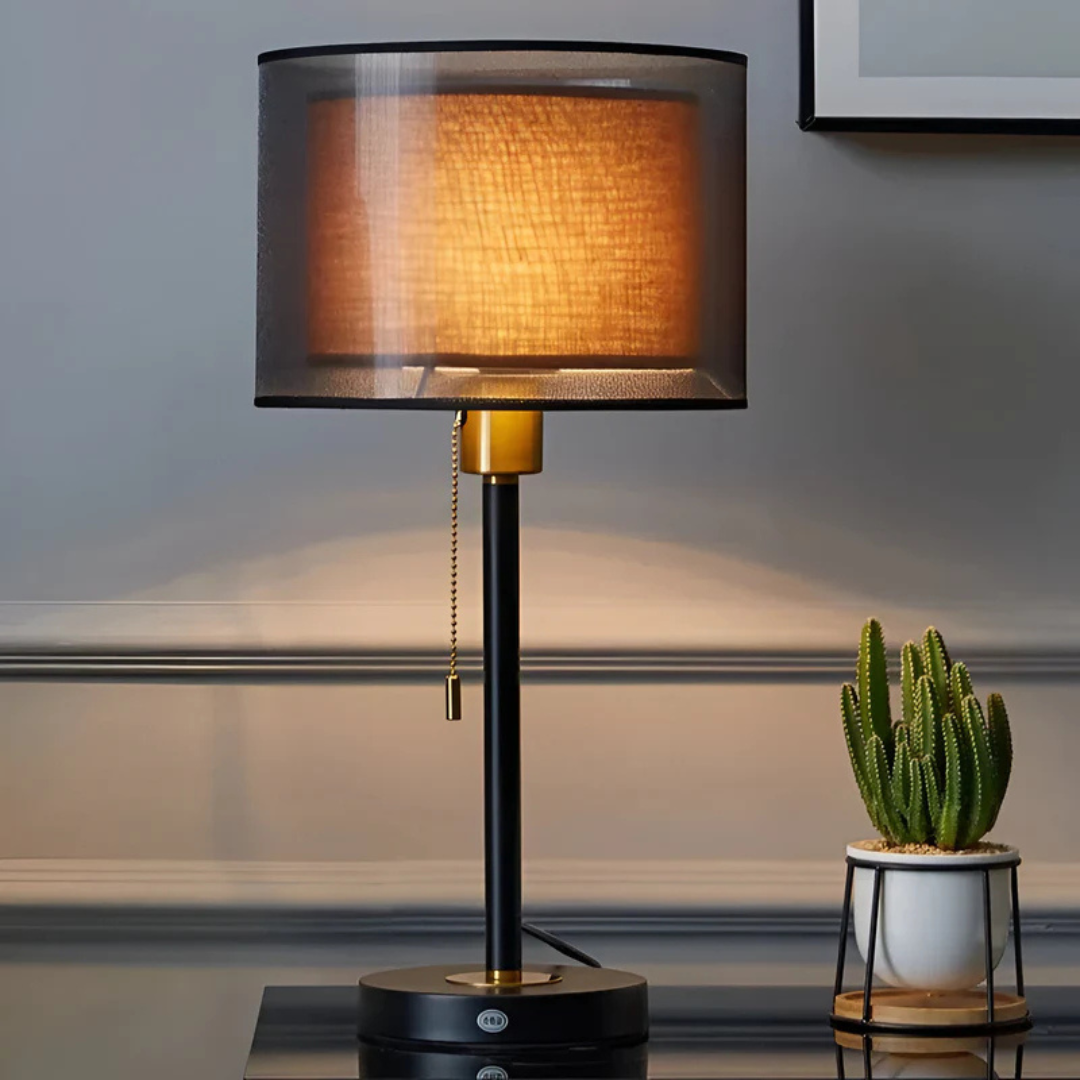 Vintage Tischlampe mit Doppelschirm aus Stoff für warmes Ambiente - Schwarz / Dunkel - Tischlampe