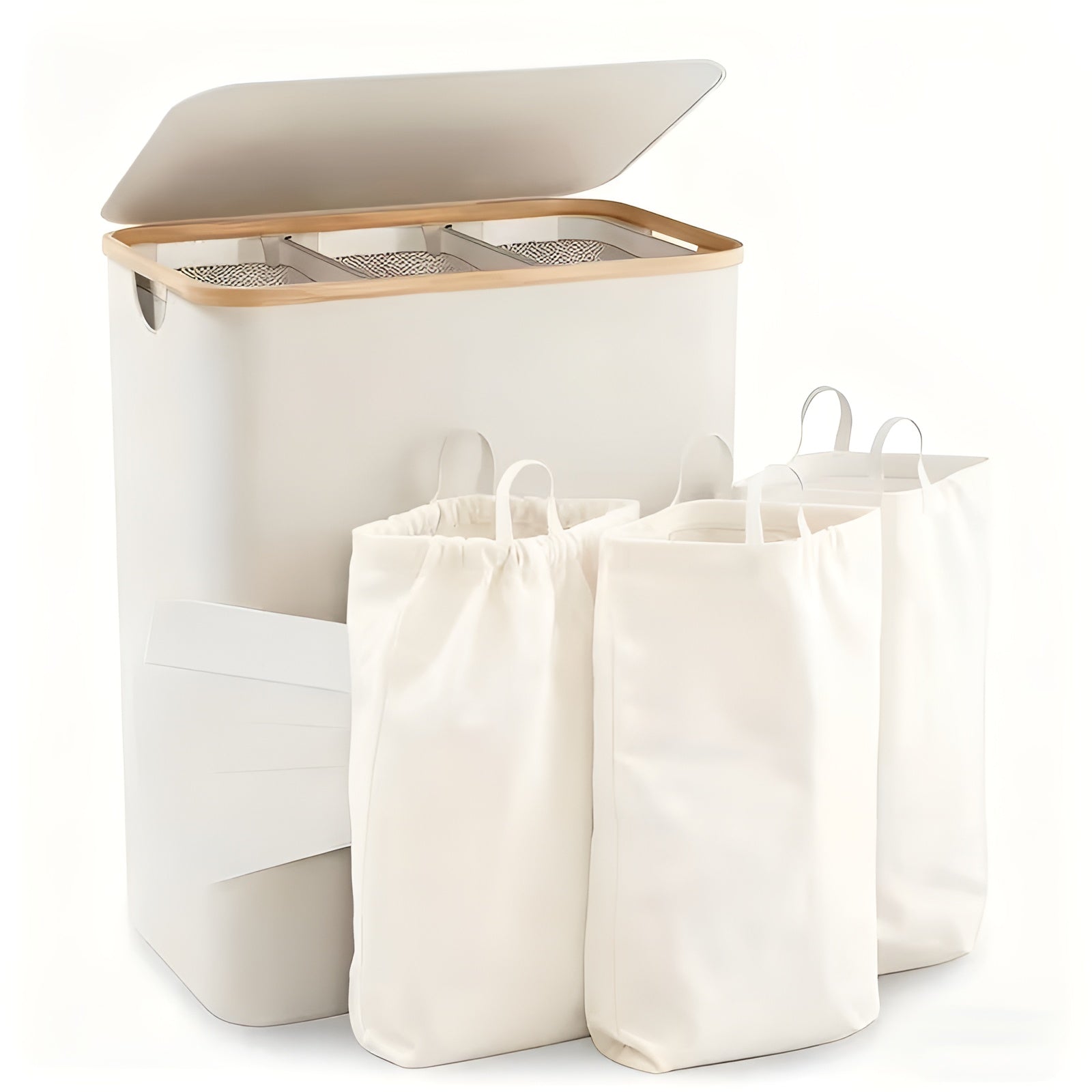 Wäschekorb 160 L – Großer Wäschesammler mit 3 Fächern & Deckel | Praktisch für Sortieren und Aufbewahren - Beige - Decke