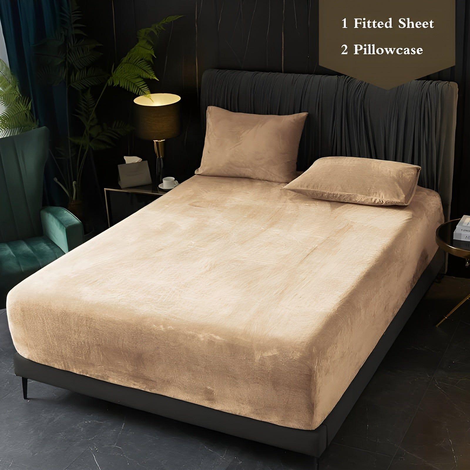 WarmVelvet Set - Luxuriöses weiches Samt-Spannbettlaken und Kissenbezug-Set - Khaki / 90x200cm - Bettwäsche-Set