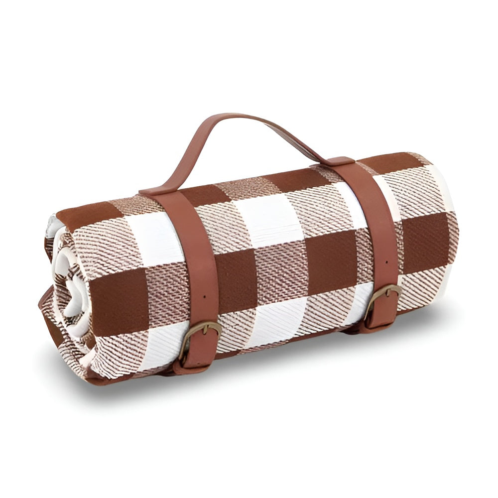 Wasserdichte Picknickdecke – faltbar und waschbar | Karomuster mit Tragegriff - Mokka - Picknickdecke