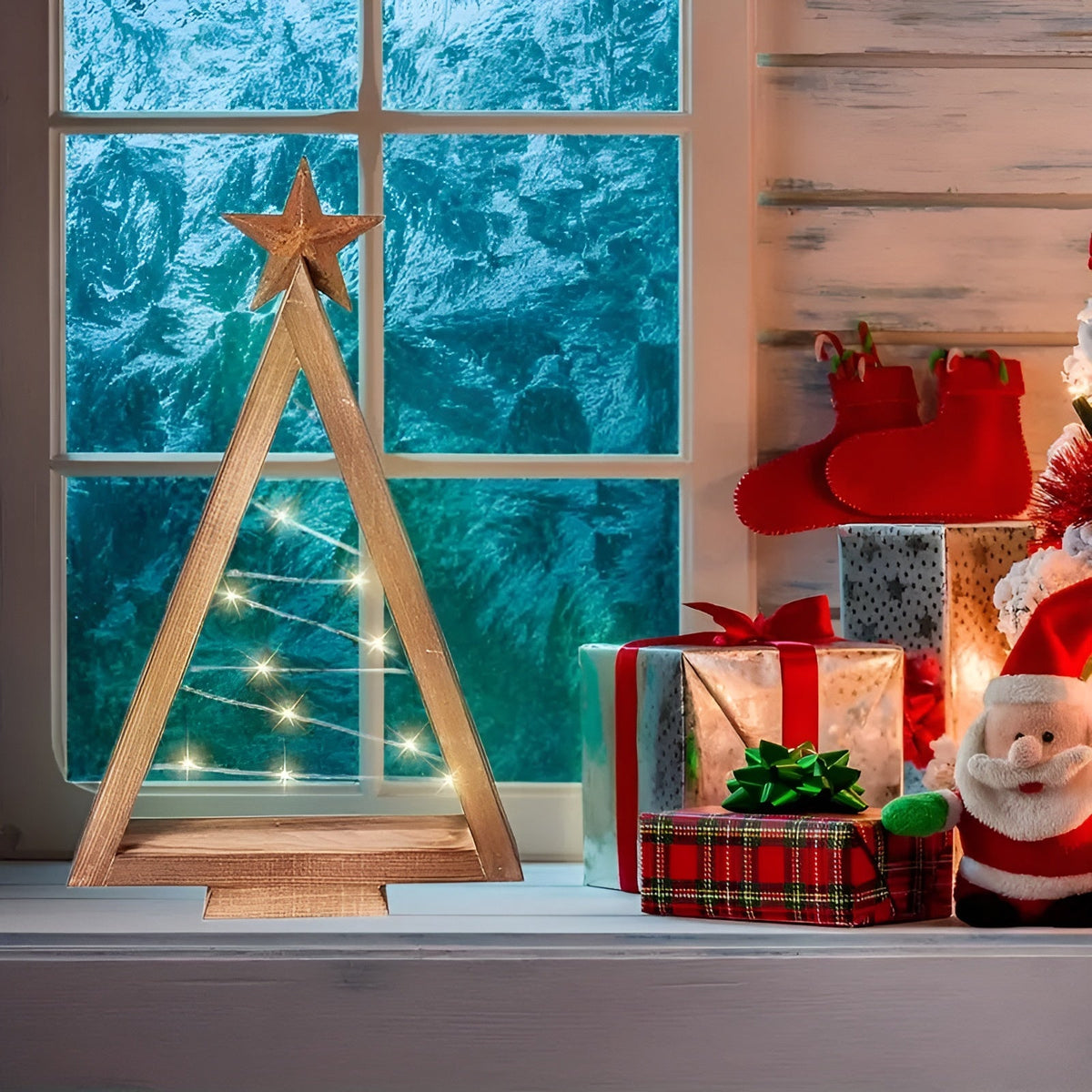 Weihnachtsbaum aus Holz – Warmweiß Beleuchtet | Perfekt für Tisch Kamin & Festliche Deko - Lampe