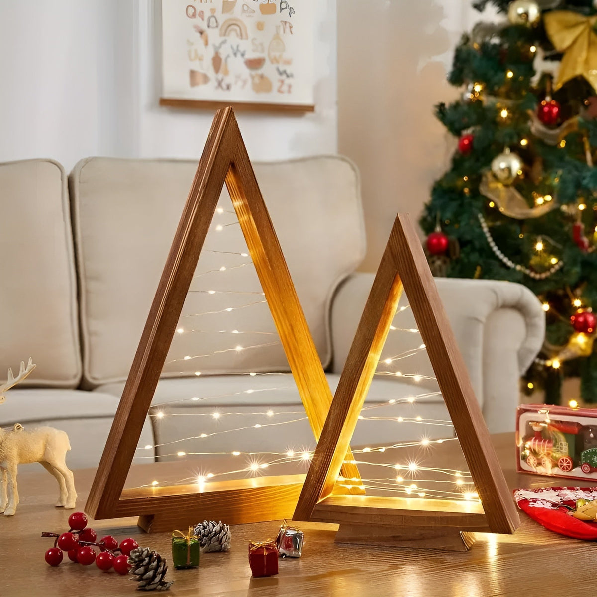 Weihnachtsbaum aus Holz – Warmweiß Beleuchtet | Perfekt für Tisch Kamin & Festliche Deko - Lampe