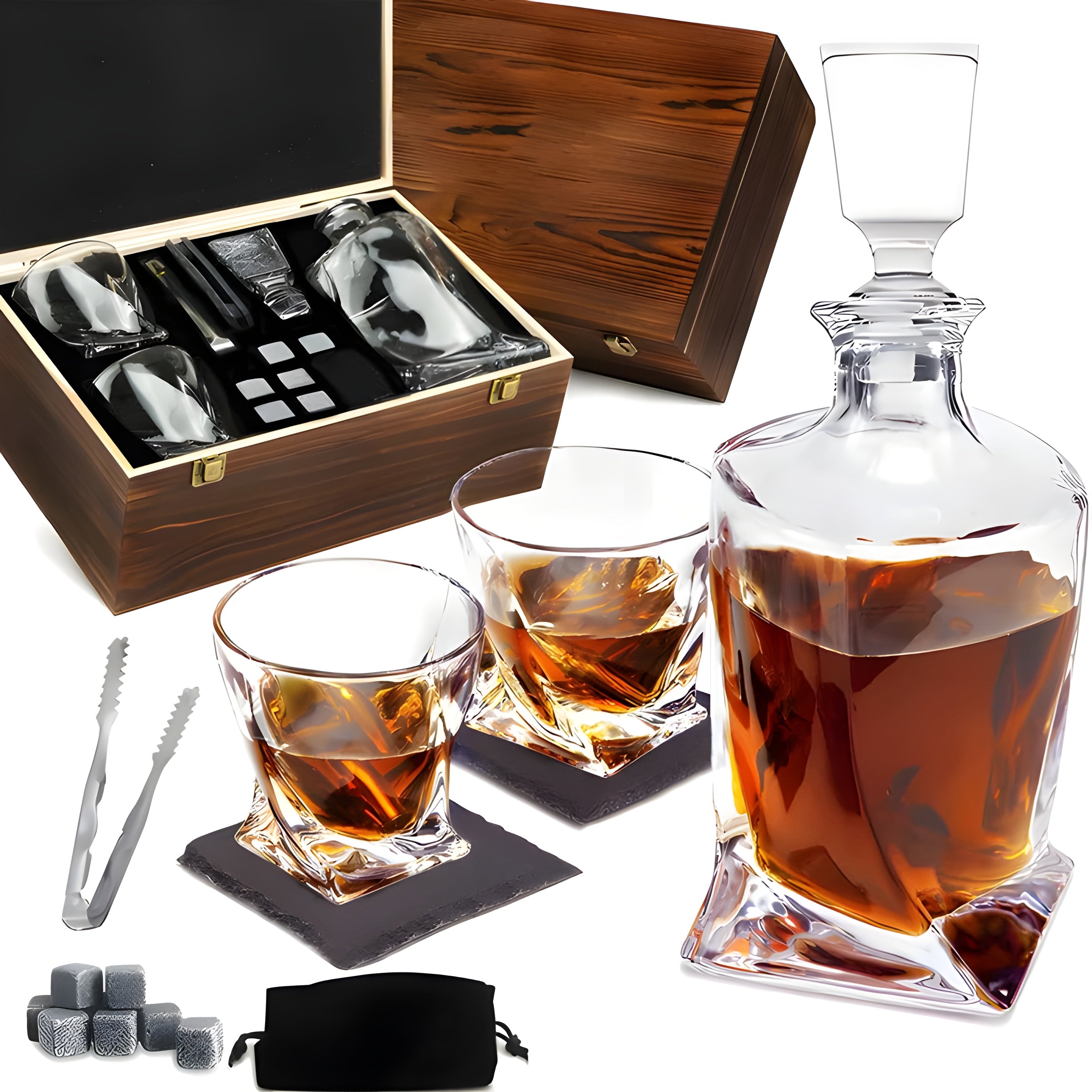 Whiskey Dekanter Set – Luxuriöse Karaffe mit Gläsern und Kühlsteinen - Whisky-Set