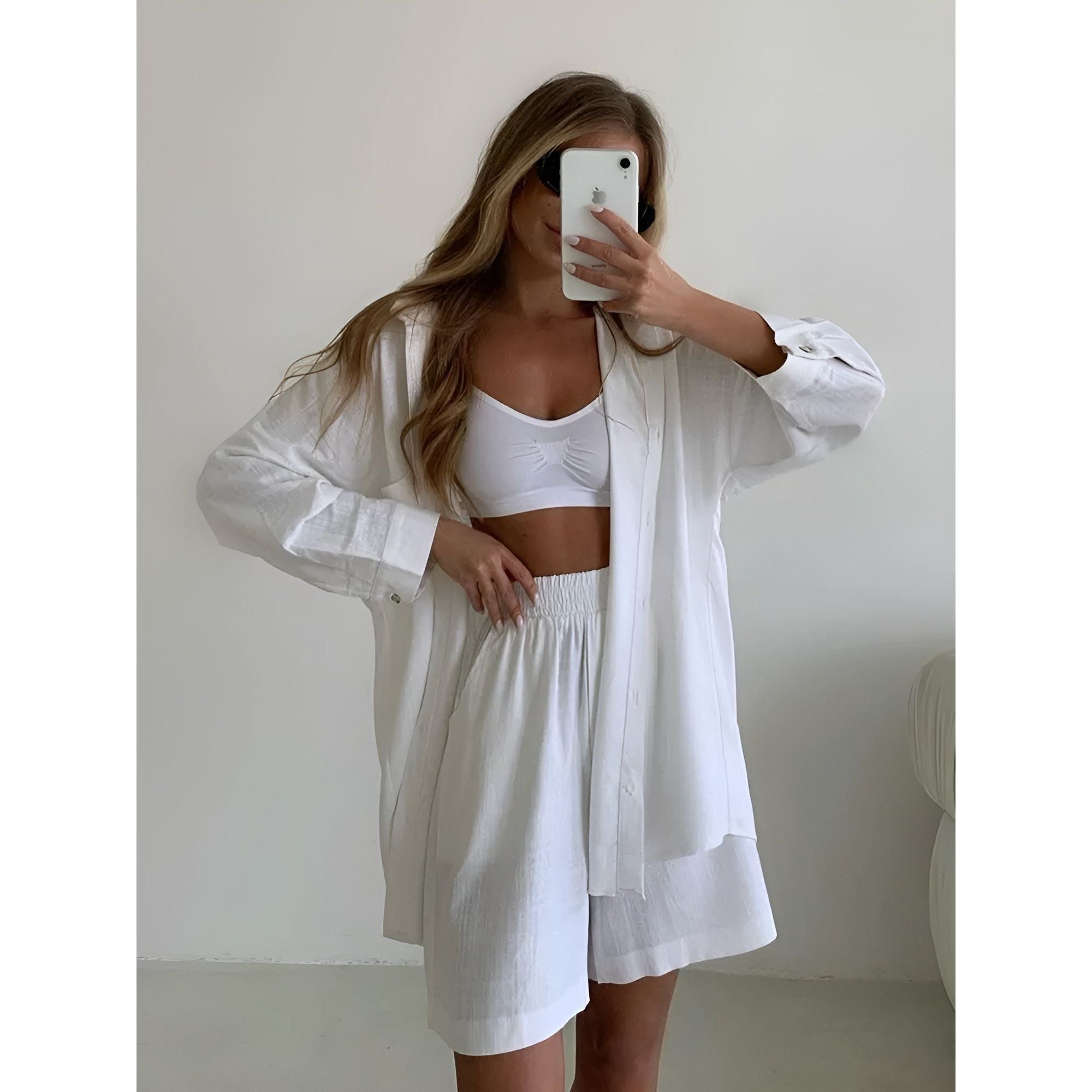 Adele Chic Set - Stylischer und Atmungsaktiver Sommeranzug für Frauen (Langarmshirt + Shorts) - Elegare