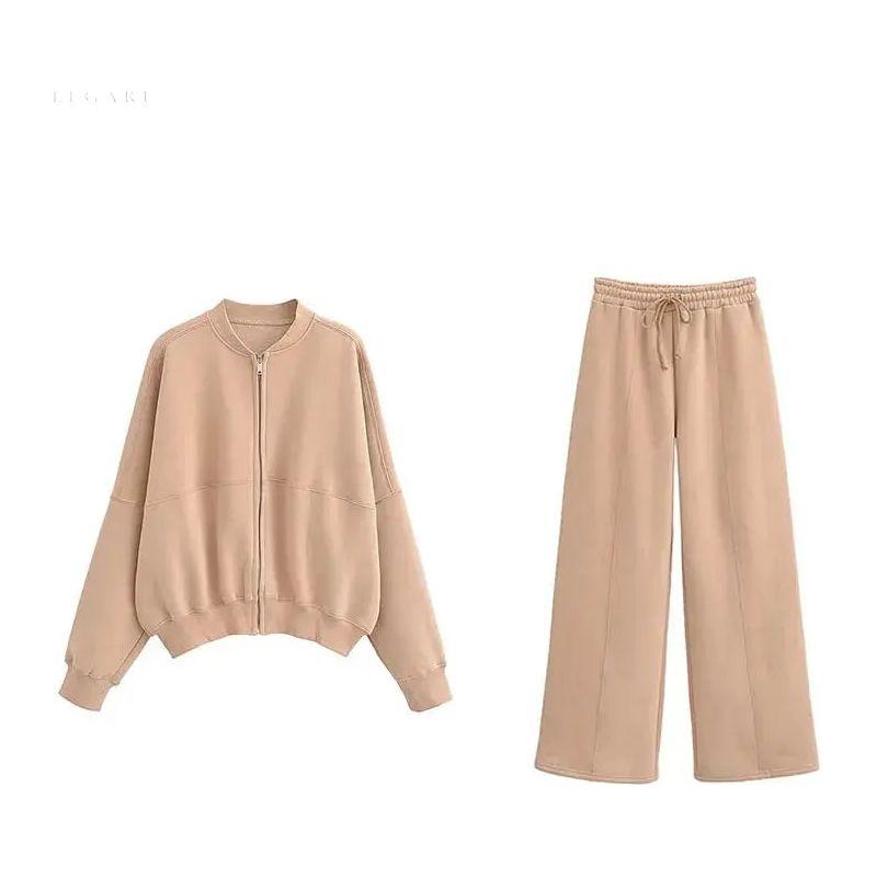 Zweiteiliges Damen-Set – Elegante Jacke mit Reißverschluss & Lockere Hose - Khaki / S - Damen-Set
