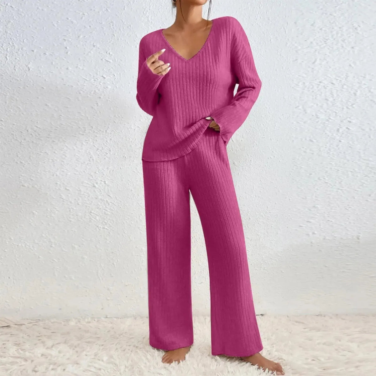 Zweiteiliges Damen Strick-Hausanzug Set – Weich und Bequem - Damen Hausanzug Set