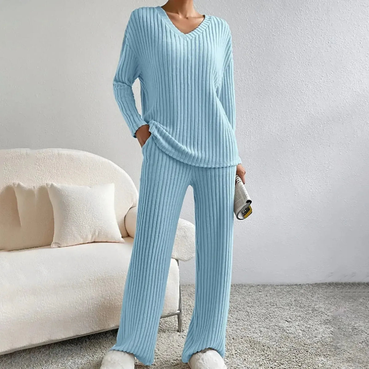 Zweiteiliges Damen Strick-Hausanzug Set – Weich und Bequem - Damen Hausanzug Set
