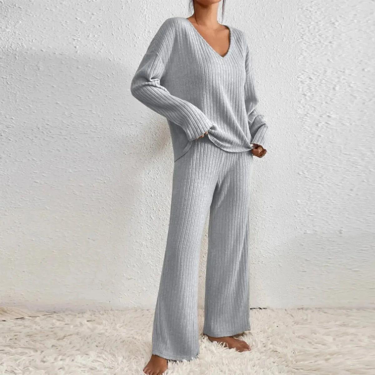 Zweiteiliges Damen Strick-Hausanzug Set – Weich und Bequem - Damen Hausanzug Set